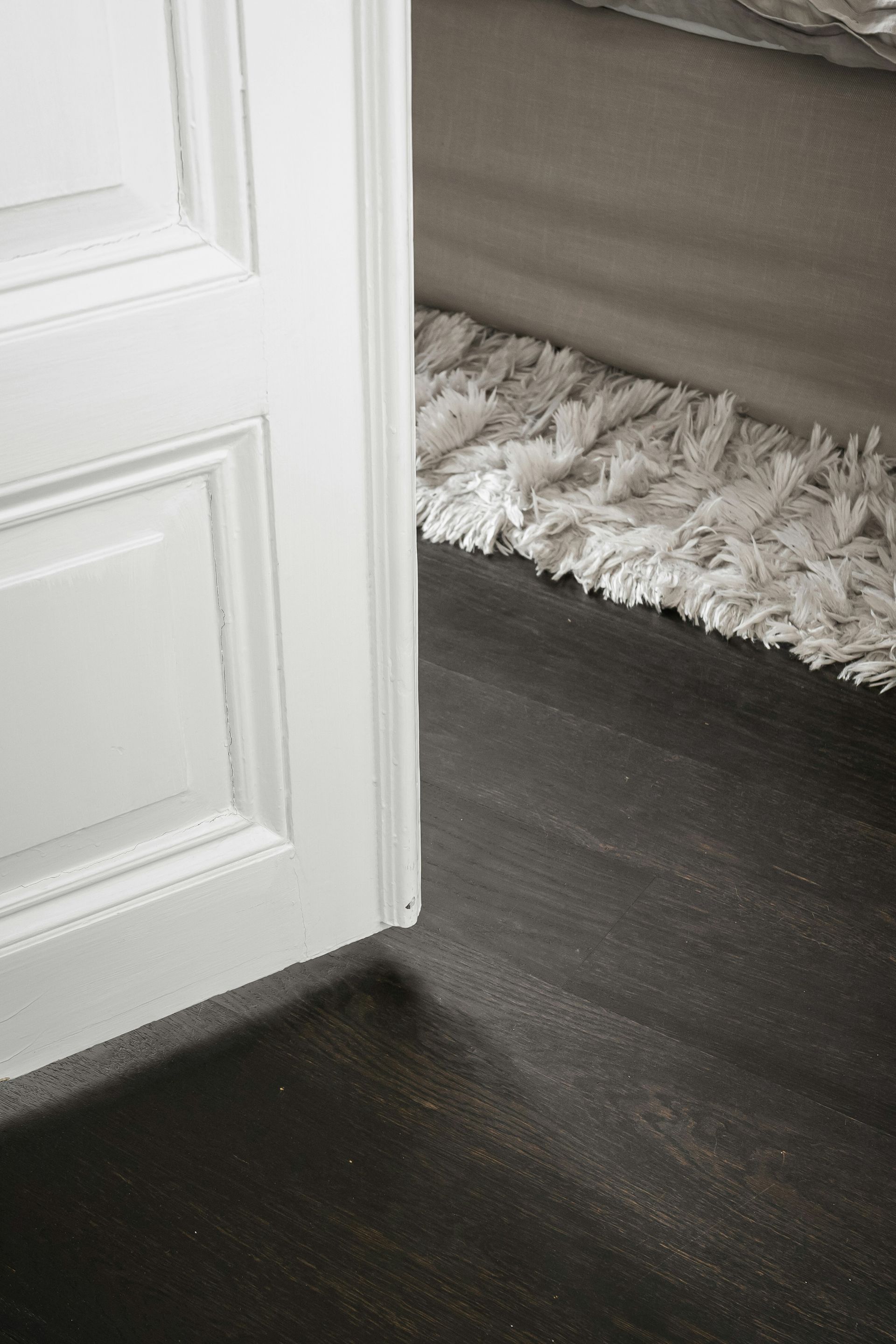 A white door is open on a dark wood floor
